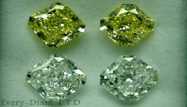 זוג יהלומים בליטוש רדיאן בצבע פנסי צהוב במשקל 4 קרט וזוגי יהלומים שקופים F בליטוש רדיאן 5 קרט