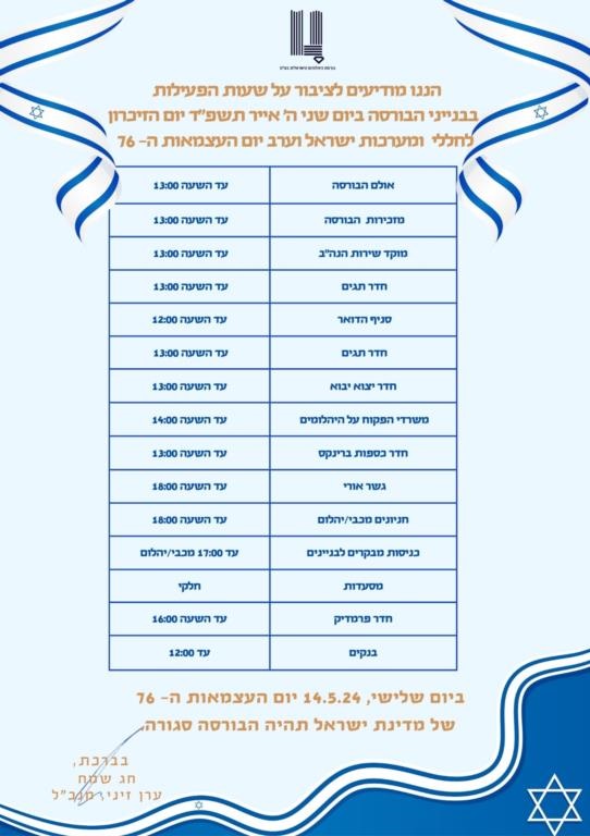 יום הזיכרון בורסת היהלומים שעות